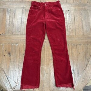 MOTHER Insider Crop Step Fray Corduroy Pants Women’s 24 Raw Hem Garnet Red